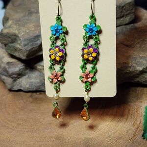 Vintage Unique Colorful Metal Flower Dangle Drop Earrings